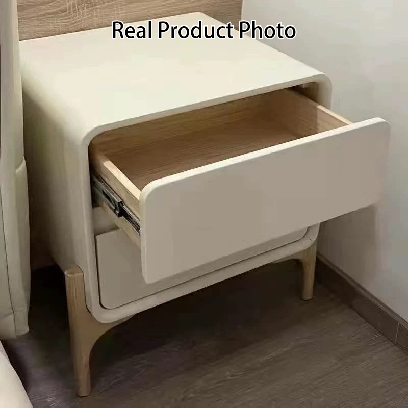 Moderner minimalistischer rechteckiger Nachttisch aus Massivholz und Sperrholz mit Kunstleder, 2 Schubladen, für das Schlafzimmer 