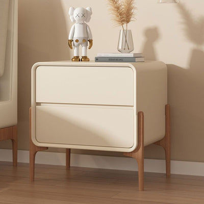 Modern Minimalist Rectangular Solid Wood Nappa Leather Nightstand 2-Drawer For Bedroom