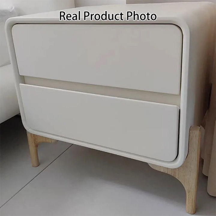 Moderner minimalistischer rechteckiger Nachttisch aus Massivholz und Sperrholz mit Kunstleder, 2 Schubladen, für das Schlafzimmer 