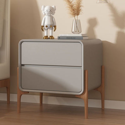 Modern Minimalist Rectangular Solid Wood Nappa Leather Nightstand 2-Drawer For Bedroom