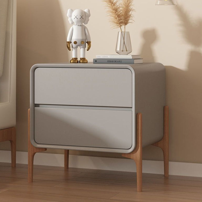 Modern Minimalist Rectangular Solid Wood Nappa Leather Nightstand 2-Drawer For Bedroom
