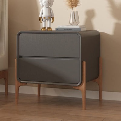 Modern Minimalist Rectangular Solid Wood Nappa Leather Nightstand 2-Drawer For Bedroom