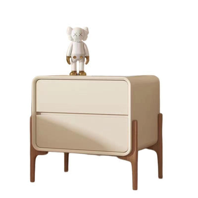 Modern Minimalist Rectangular Solid Wood Nappa Leather Nightstand 2-Drawer For Bedroom