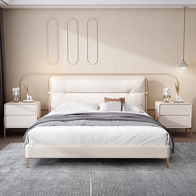 Modern Minimalist Rectangular Solid Wood Nappa Leather Nightstand 2-Drawer For Bedroom