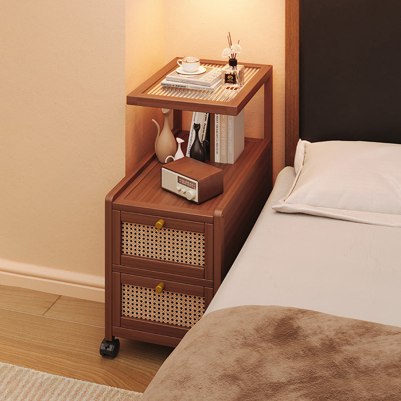 Traditional Japanese Rectangular Glass Rattan Bamboo Nightstand 2-Tier For Bedroom