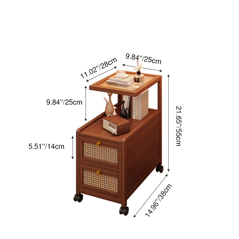 Traditional Japanese Rectangular Glass Rattan Bamboo Nightstand 2-Tier For Bedroom