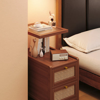 Traditional Japanese Rectangular Glass Rattan Bamboo Nightstand 2-Tier For Bedroom