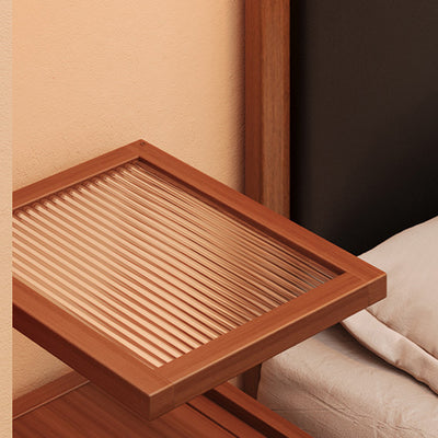 Traditional Japanese Rectangular Glass Rattan Bamboo Nightstand 2-Tier For Bedroom