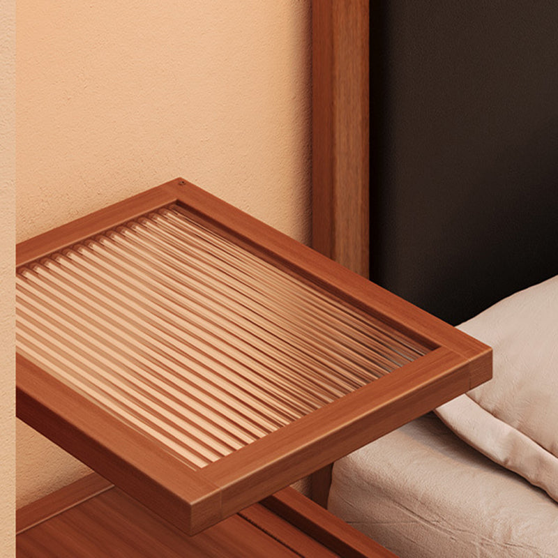 Traditional Japanese Rectangular Glass Rattan Bamboo Nightstand 2-Tier For Bedroom