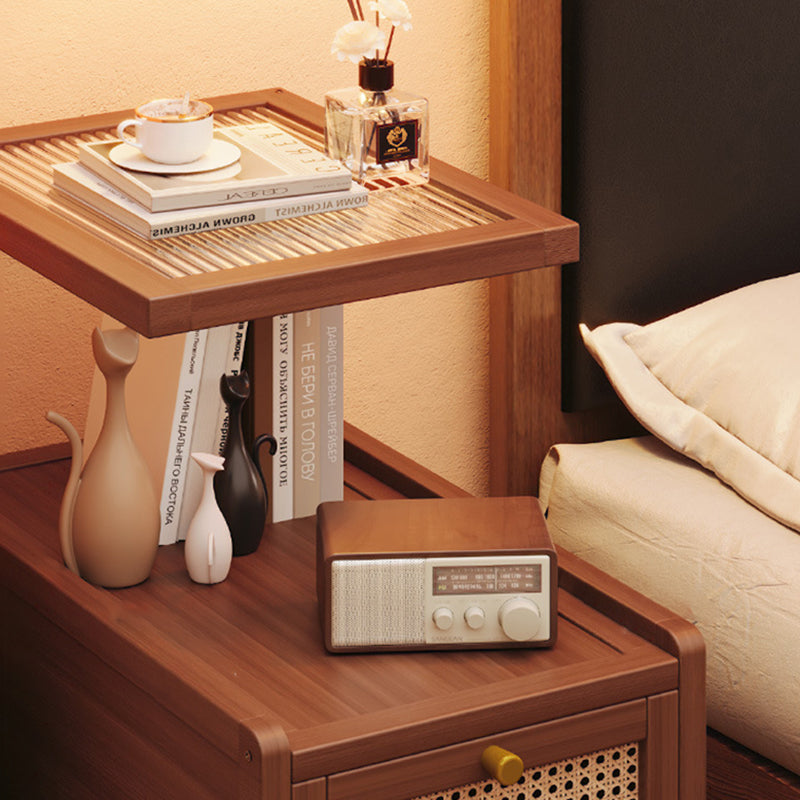 Traditional Japanese Rectangular Glass Rattan Bamboo Nightstand 2-Tier For Bedroom