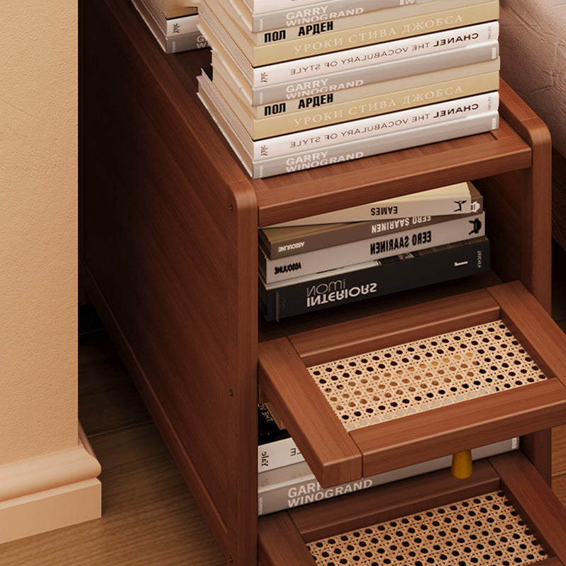 Traditional Japanese Rectangular Glass Rattan Bamboo Nightstand 2-Tier For Bedroom