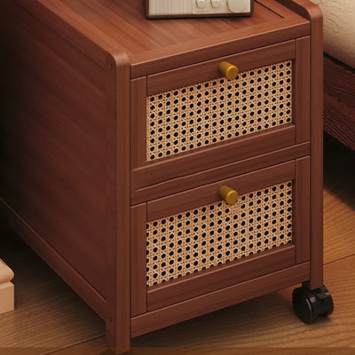 Traditional Japanese Rectangular Glass Rattan Bamboo Nightstand 2-Tier For Bedroom