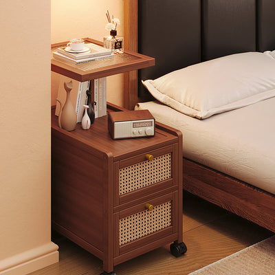 Traditional Japanese Rectangular Glass Rattan Bamboo Nightstand 2-Tier For Bedroom