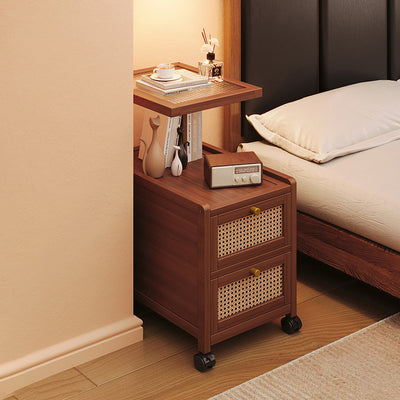 Traditional Japanese Rectangular Glass Rattan Bamboo Nightstand 2-Tier For Bedroom