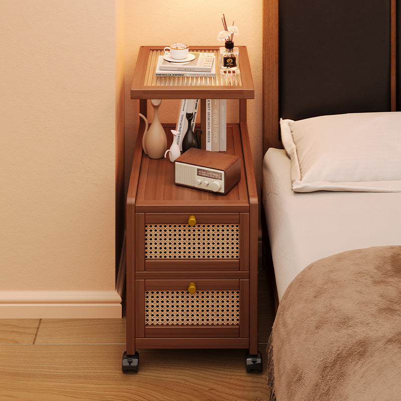Traditional Japanese Rectangular Glass Rattan Bamboo Nightstand 2-Tier For Bedroom
