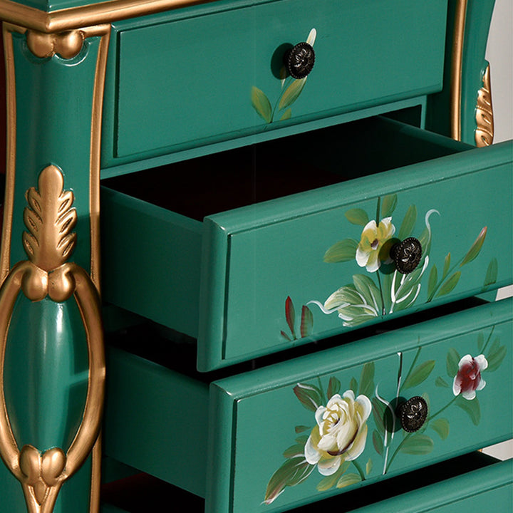 Traditional Vintage Rectangular Solid Wood Medium Density Fiberboard Zinc Alloy Jewelry Storage Cabinet 7-Drawer For Living Room