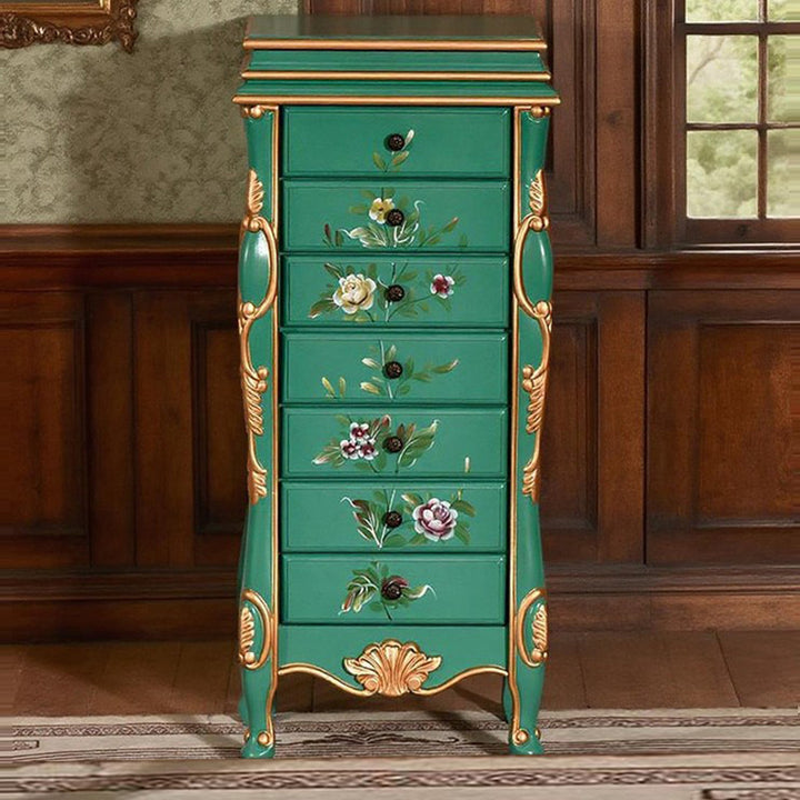 Traditional Vintage Rectangular Solid Wood Medium Density Fiberboard Zinc Alloy Jewelry Storage Cabinet 7-Drawer For Living Room