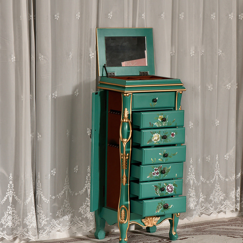 Traditional Vintage Rectangular Solid Wood Medium Density Fiberboard Zinc Alloy Jewelry Storage Cabinet 7-Drawer For Living Room