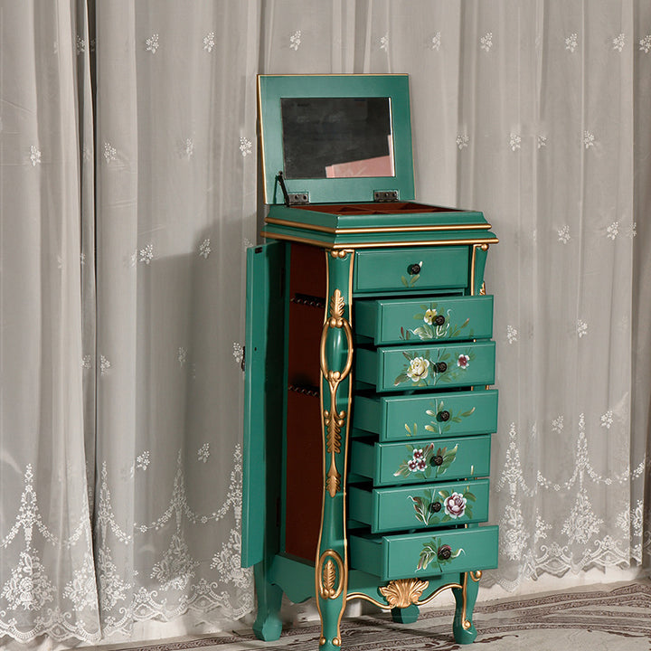 Traditional Vintage Rectangular Solid Wood Medium Density Fiberboard Zinc Alloy Jewelry Storage Cabinet 7-Drawer For Living Room