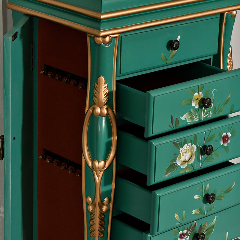 Traditional Vintage Rectangular Solid Wood Medium Density Fiberboard Zinc Alloy Jewelry Storage Cabinet 7-Drawer For Living Room