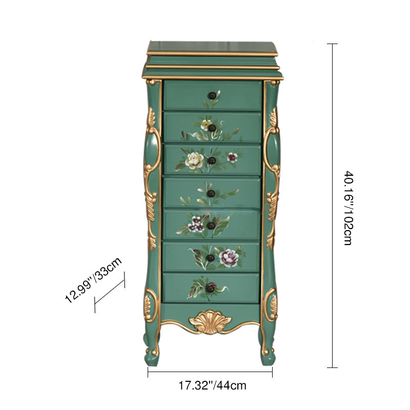 Traditional Vintage Rectangular Solid Wood Medium Density Fiberboard Zinc Alloy Jewelry Storage Cabinet 7-Drawer For Living Room