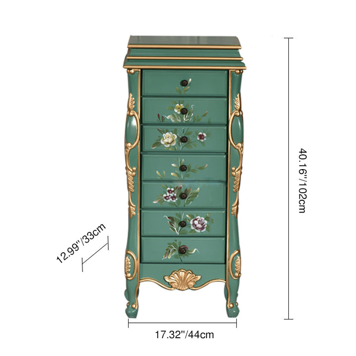 Traditional Vintage Rectangular Solid Wood Medium Density Fiberboard Zinc Alloy Jewelry Storage Cabinet 7-Drawer For Living Room