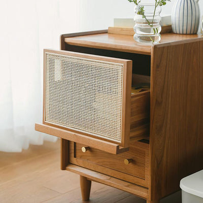 Traditional Japanese Rectangular Rubberwood Rattan Nightstand 2-Drawer For Bedroom