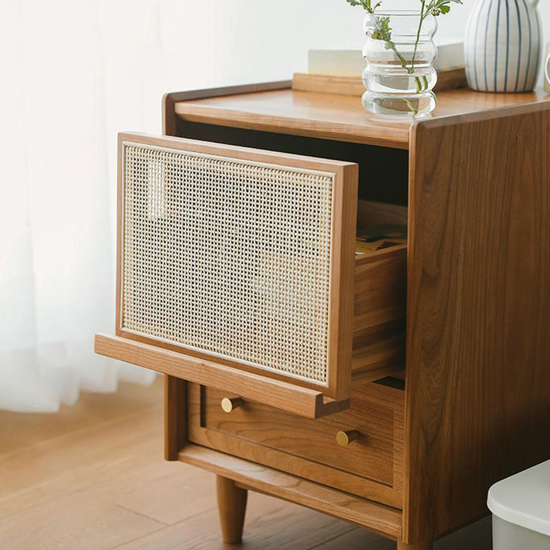 Traditional Japanese Rectangular Rubberwood Rattan Nightstand 2-Drawer For Bedroom
