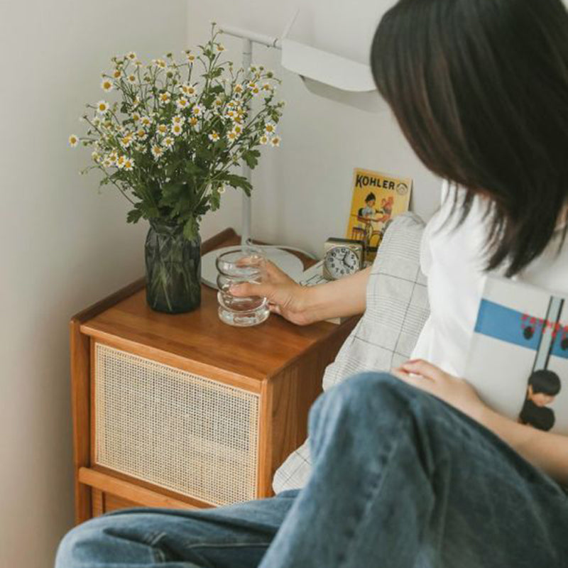 Traditional Japanese Rectangular Rubberwood Rattan Nightstand 2-Drawer For Bedroom