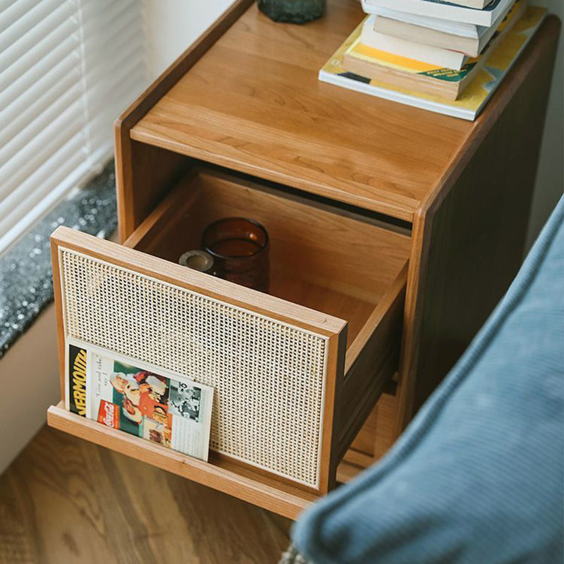 Traditional Japanese Rectangular Rubberwood Rattan Nightstand 2-Drawer For Bedroom
