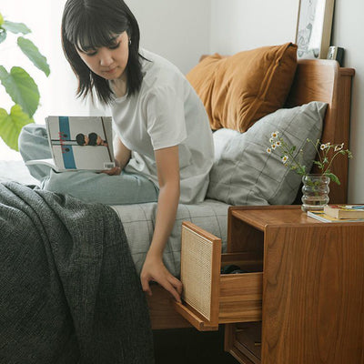 Traditional Japanese Rectangular Rubberwood Rattan Nightstand 2-Drawer For Bedroom