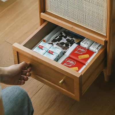 Traditional Japanese Rectangular Rubberwood Rattan Nightstand 2-Drawer For Bedroom