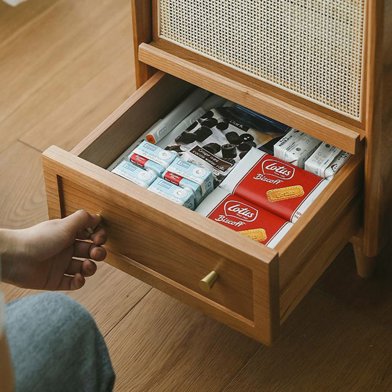 Traditional Japanese Rectangular Rubberwood Rattan Nightstand 2-Drawer For Bedroom