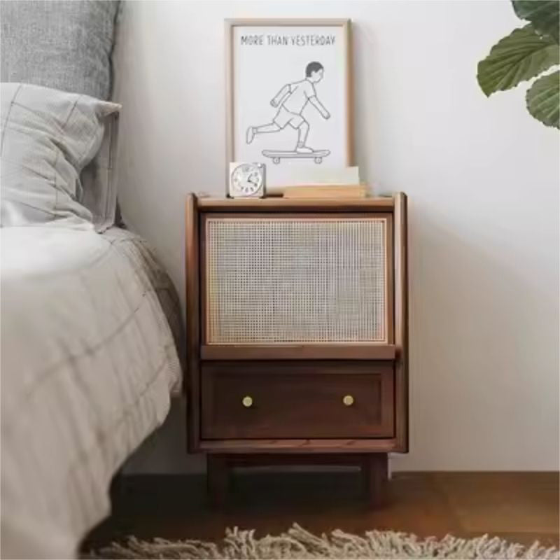 Traditional Japanese Rectangular Rubberwood Rattan Nightstand 2-Drawer For Bedroom
