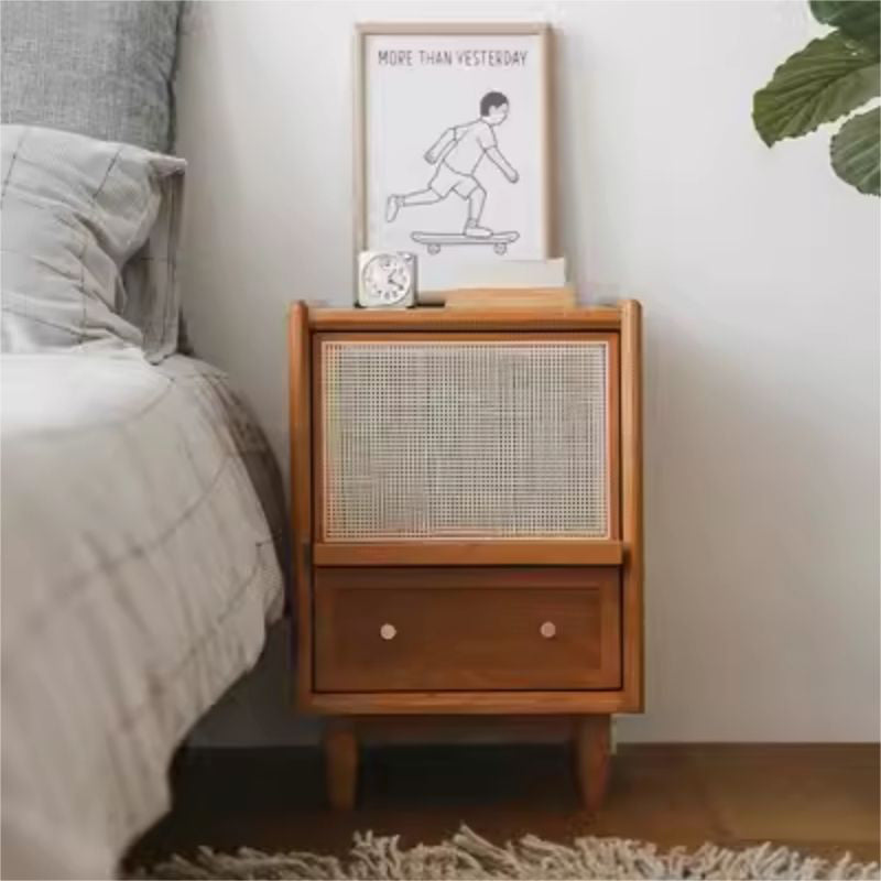 Traditional Japanese Rectangular Rubberwood Rattan Nightstand 2-Drawer For Bedroom