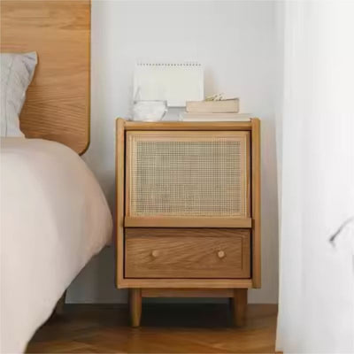 Traditional Japanese Rectangular Rubberwood Rattan Nightstand 2-Drawer For Bedroom