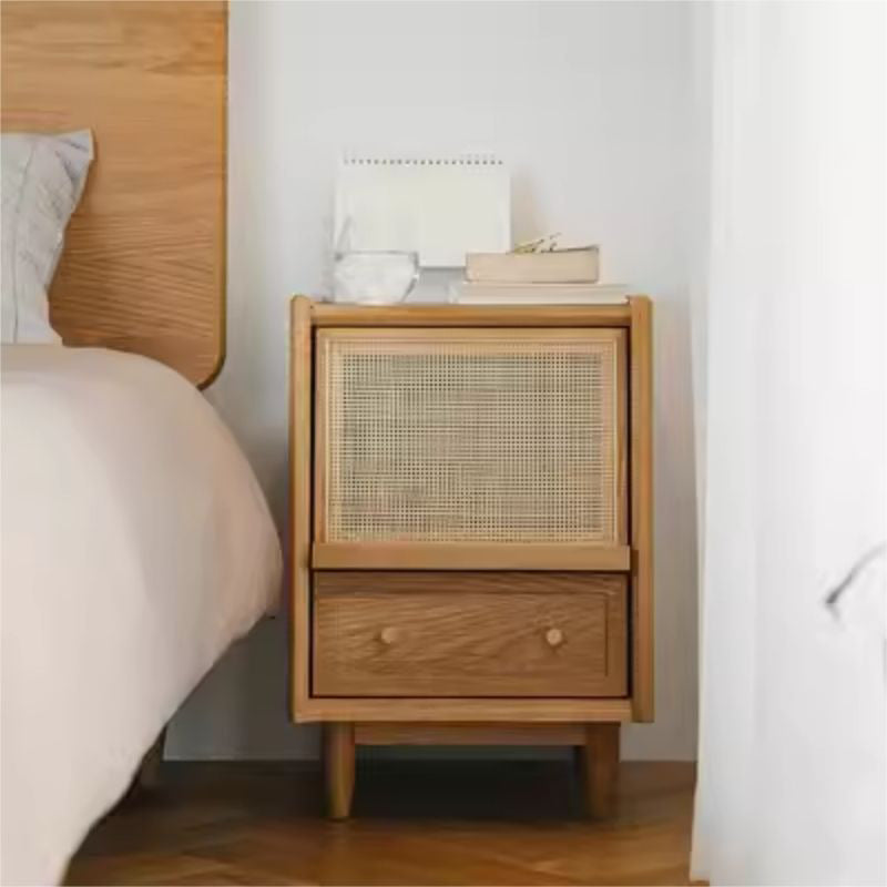 Traditional Japanese Rectangular Rubberwood Rattan Nightstand 2-Drawer For Bedroom