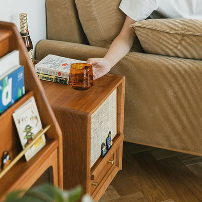 Traditional Japanese Rectangular Rubberwood Rattan Nightstand 2-Drawer For Bedroom