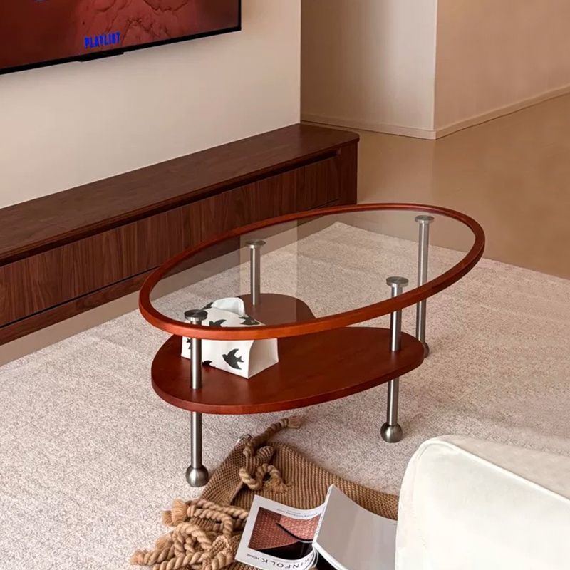 Traditional Vintage Cylindrical Solid Wood Glass Stainless Steel Coffee Table 2-Tier For Living Room