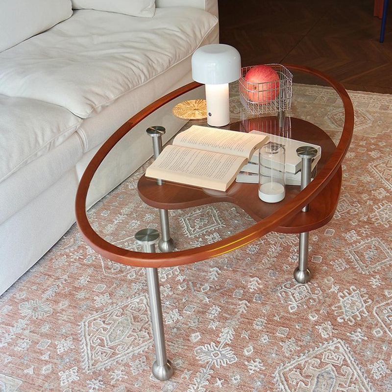 Traditional Vintage Cylindrical Solid Wood Glass Stainless Steel Coffee Table 2-Tier For Living Room