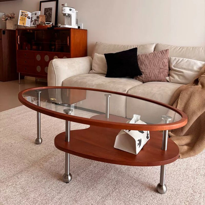 Traditional Vintage Cylindrical Solid Wood Glass Stainless Steel Coffee Table 2-Tier For Living Room