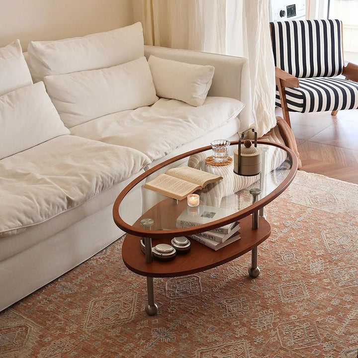 Traditional Vintage Cylindrical Solid Wood Glass Stainless Steel Coffee Table 2-Tier For Living Room