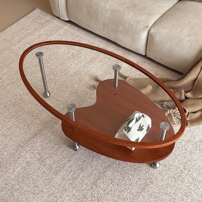 Traditional Vintage Cylindrical Solid Wood Glass Stainless Steel Coffee Table 2-Tier For Living Room