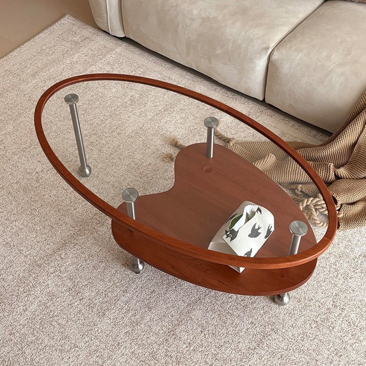 Traditional Vintage Cylindrical Solid Wood Glass Stainless Steel Coffee Table 2-Tier For Living Room