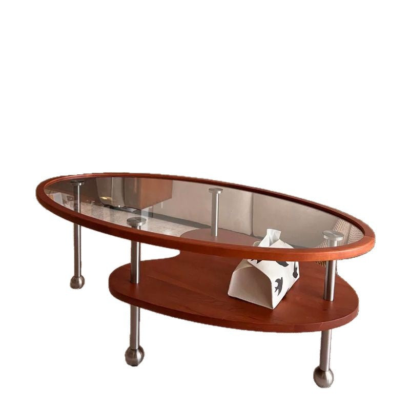 Traditional Vintage Cylindrical Solid Wood Glass Stainless Steel Coffee Table 2-Tier For Living Room