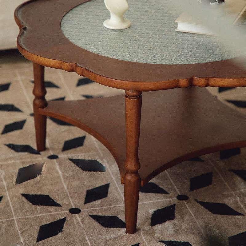 Traditional Vintage Floral-Shaped Solid Wood Glass Coffee Table 2-Tier For Living Room