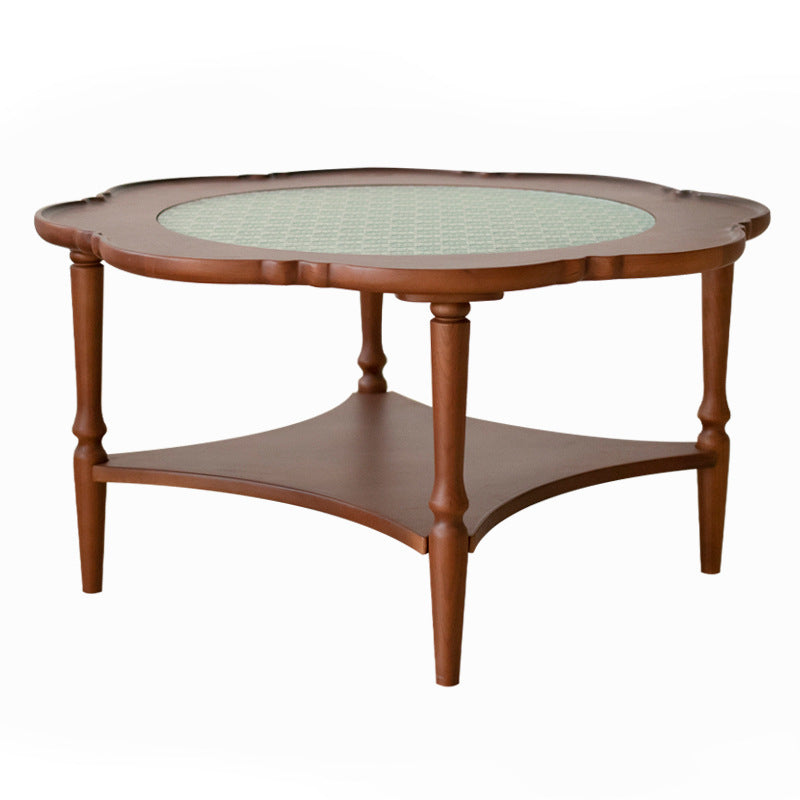 Traditional Vintage Floral-Shaped Solid Wood Glass Coffee Table 2-Tier For Living Room