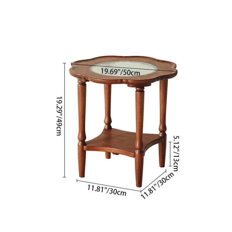 Traditional Vintage Floral-Shaped Solid Wood Glass Coffee Table 2-Tier For Living Room