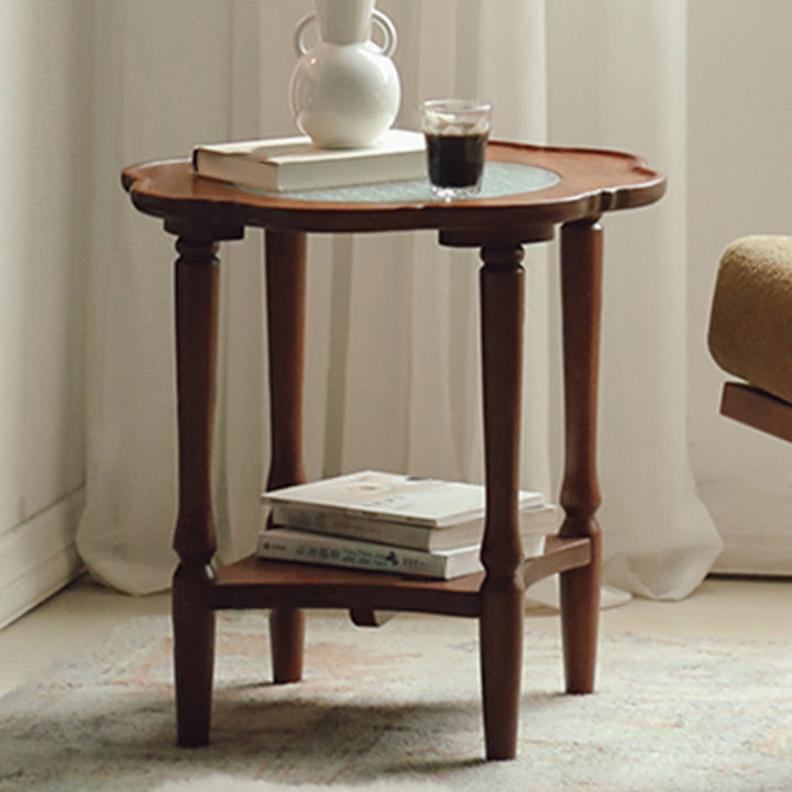Traditional Vintage Floral-Shaped Solid Wood Glass Coffee Table 2-Tier For Living Room