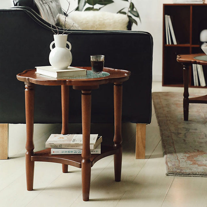 Traditional Vintage Floral-Shaped Solid Wood Glass Coffee Table 2-Tier For Living Room